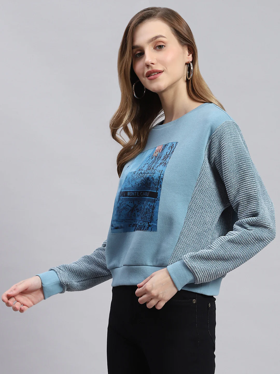 Women Teal Blue Printed Round Neck Full Sleeve Sweatshirts - Image 4
