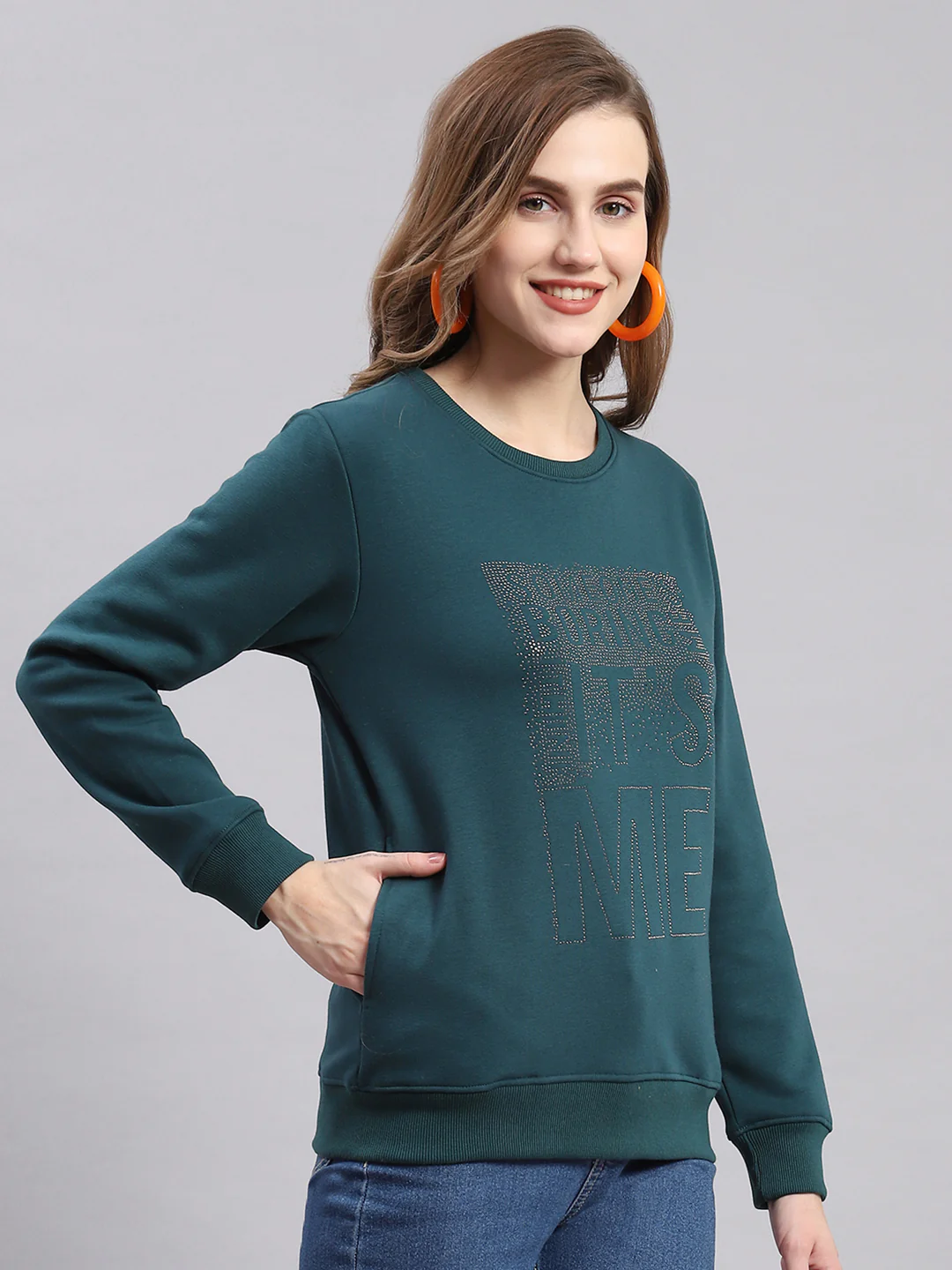 Women Teal Blue Printed Round Neck Full Sleeve Sweatshirts - Image 4