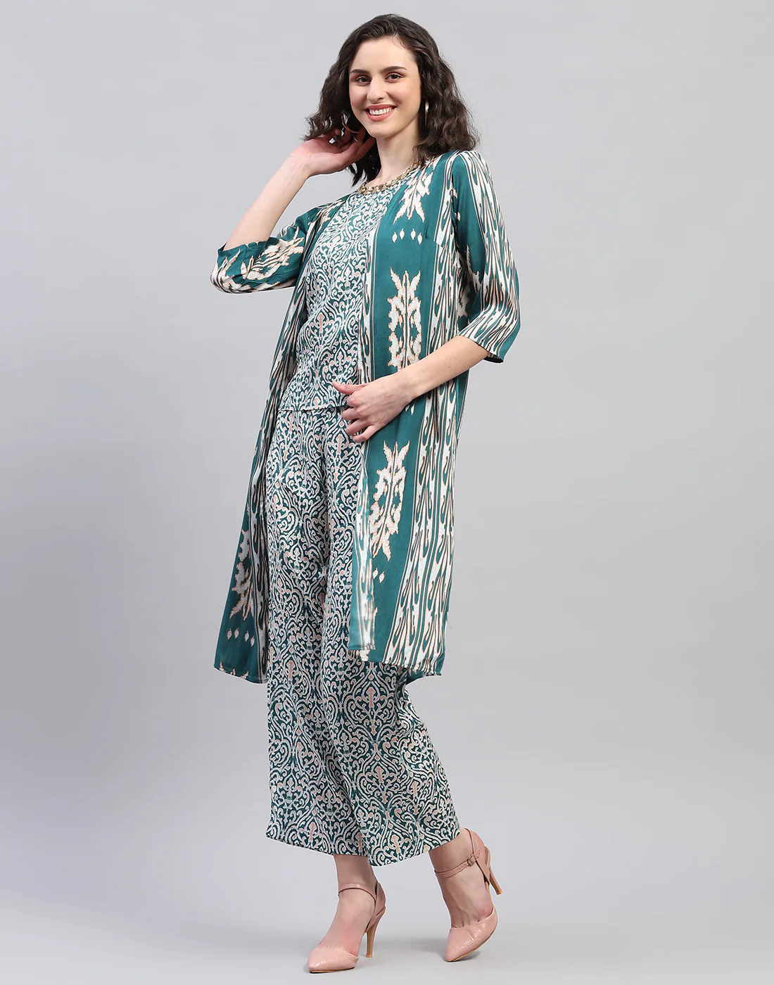 Women Teal Blue Printed Round Neck Half Sleeve Combo 3Pc Set - Image 4