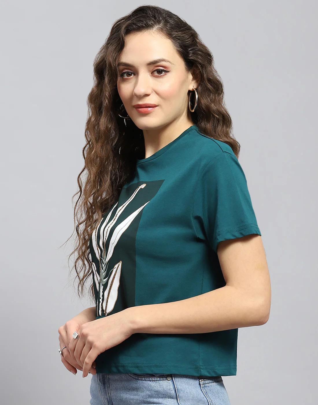 Women Teal Blue Printed Round Neck Half Sleeve Top - Image 3