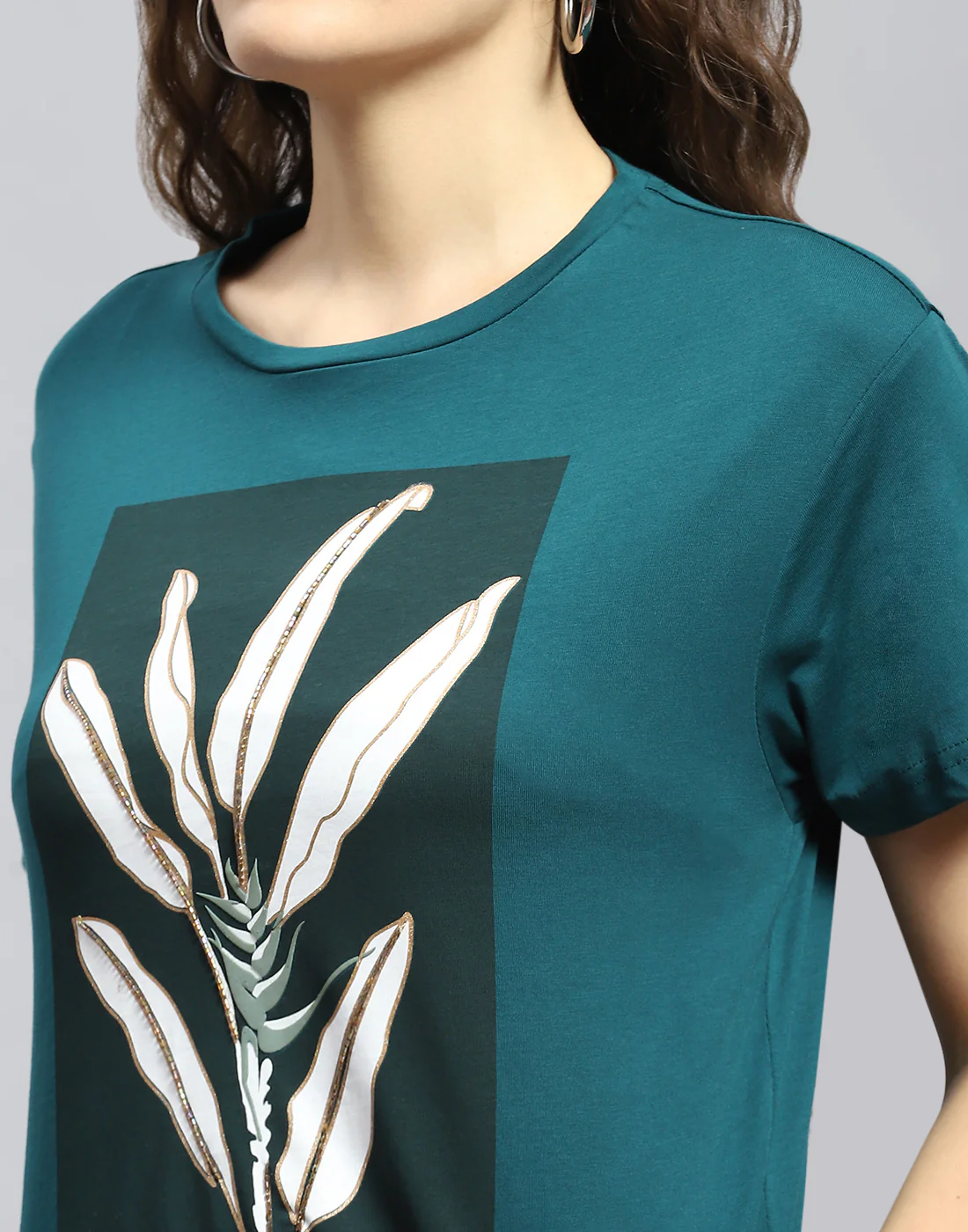 Women Teal Blue Printed Round Neck Half Sleeve Top - Image 6