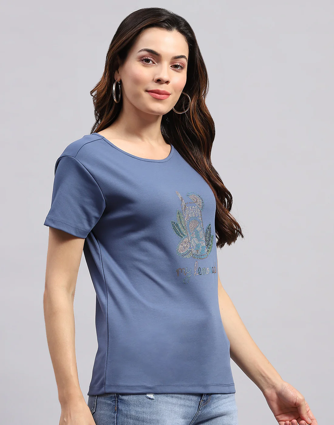 Women Teal Blue Printed Round Neck Half Sleeve Top - Image 4