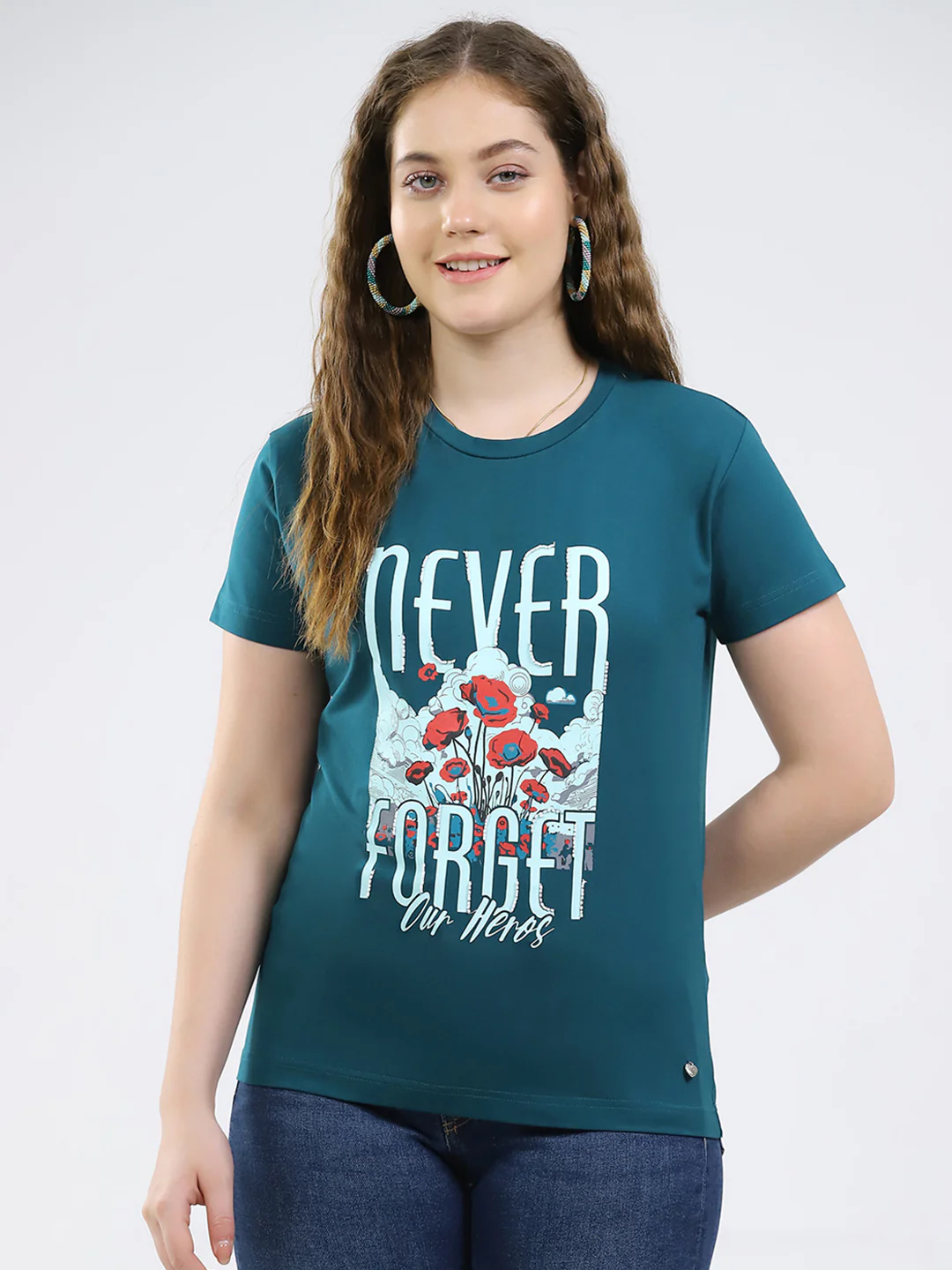 Women Teal Blue Printed Round Neck Half Sleeve Top