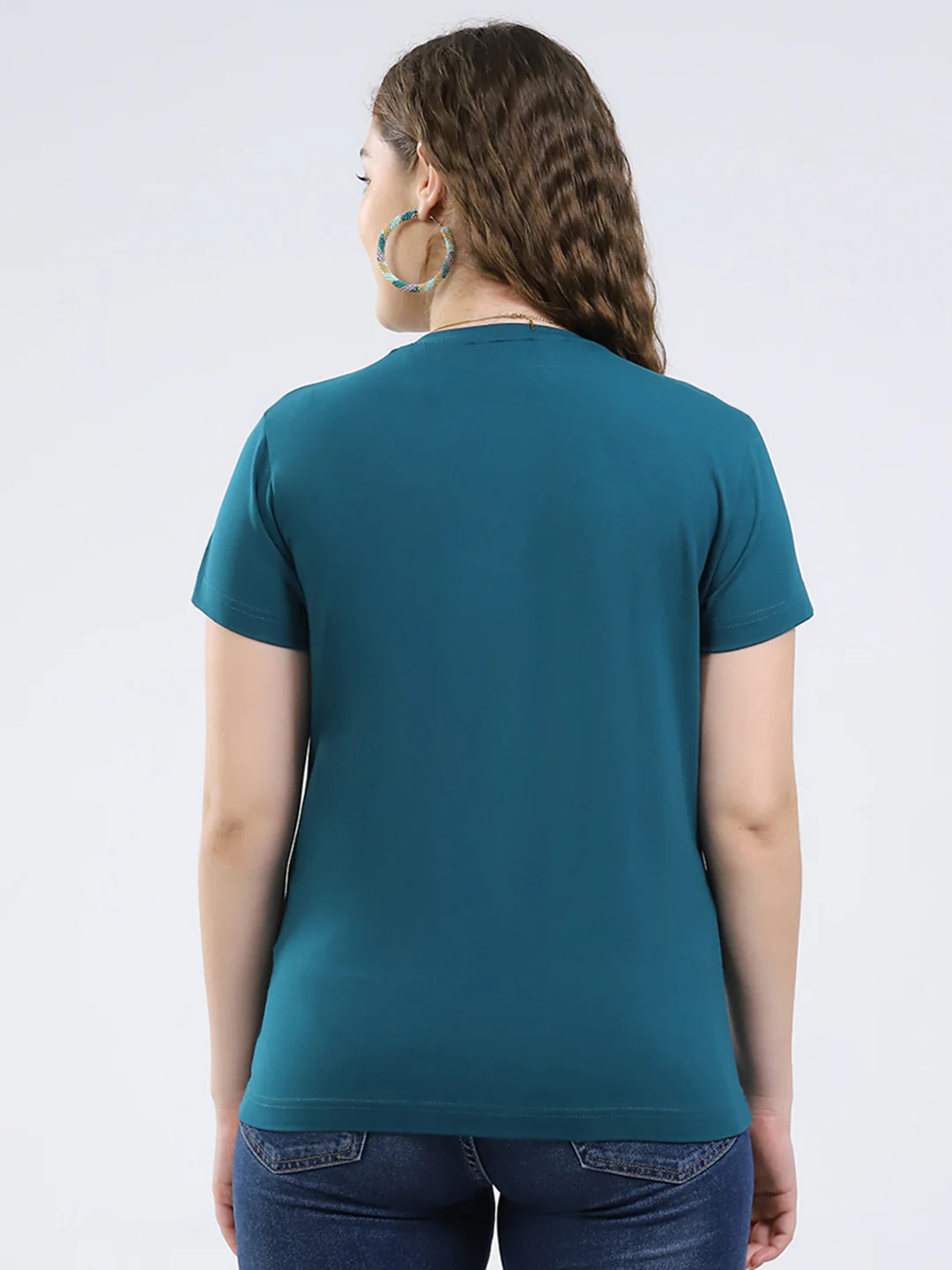 Women Teal Blue Printed Round Neck Half Sleeve Top - Image 5