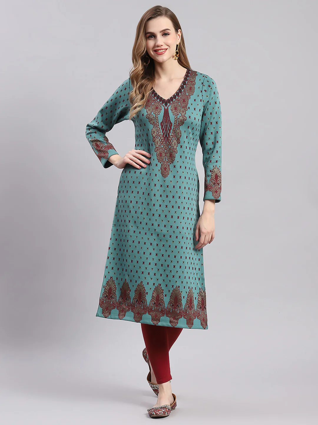 Women Teal Blue Printed V Neck Full Sleeve Kurtis - Image 2