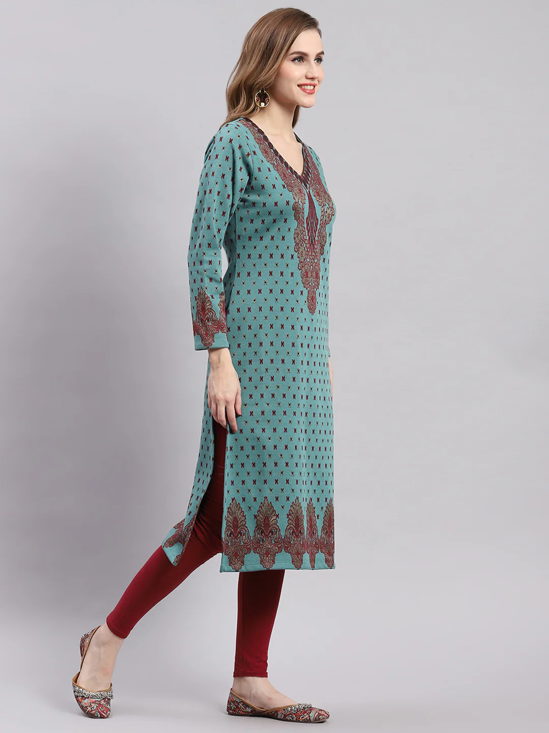 Women Teal Blue Printed V Neck Full Sleeve Kurtis - Image 4