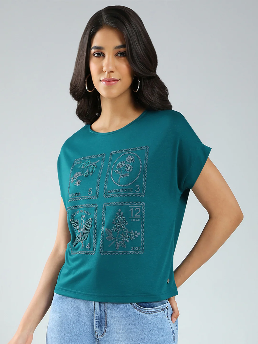 Women Teal Blue Printed Round Neck Half Sleeve Top - Image 3