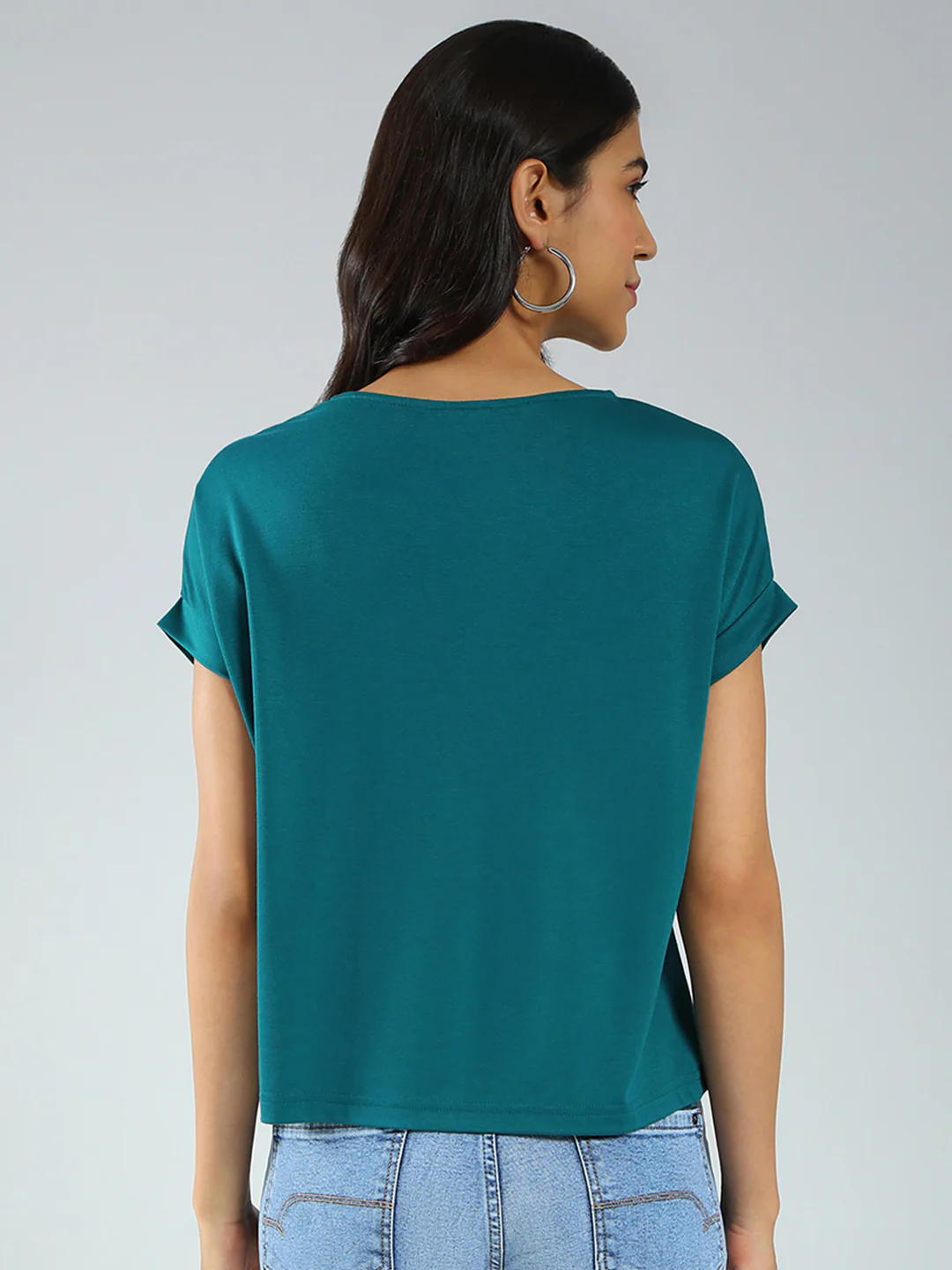 Women Teal Blue Printed Round Neck Half Sleeve Top - Image 5