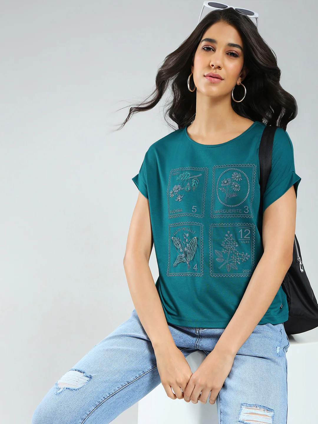 Women Teal Blue Printed Round Neck Half Sleeve Top - Image 6