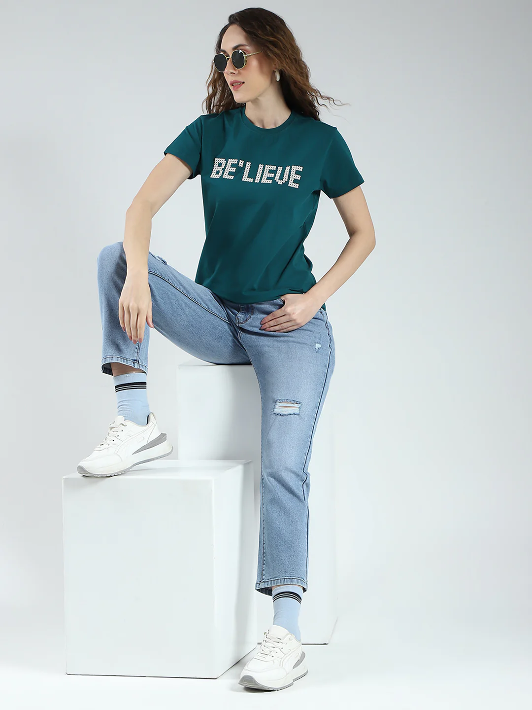 Women Teal Blue Printed Round Neck Half Sleeve Top - Image 2