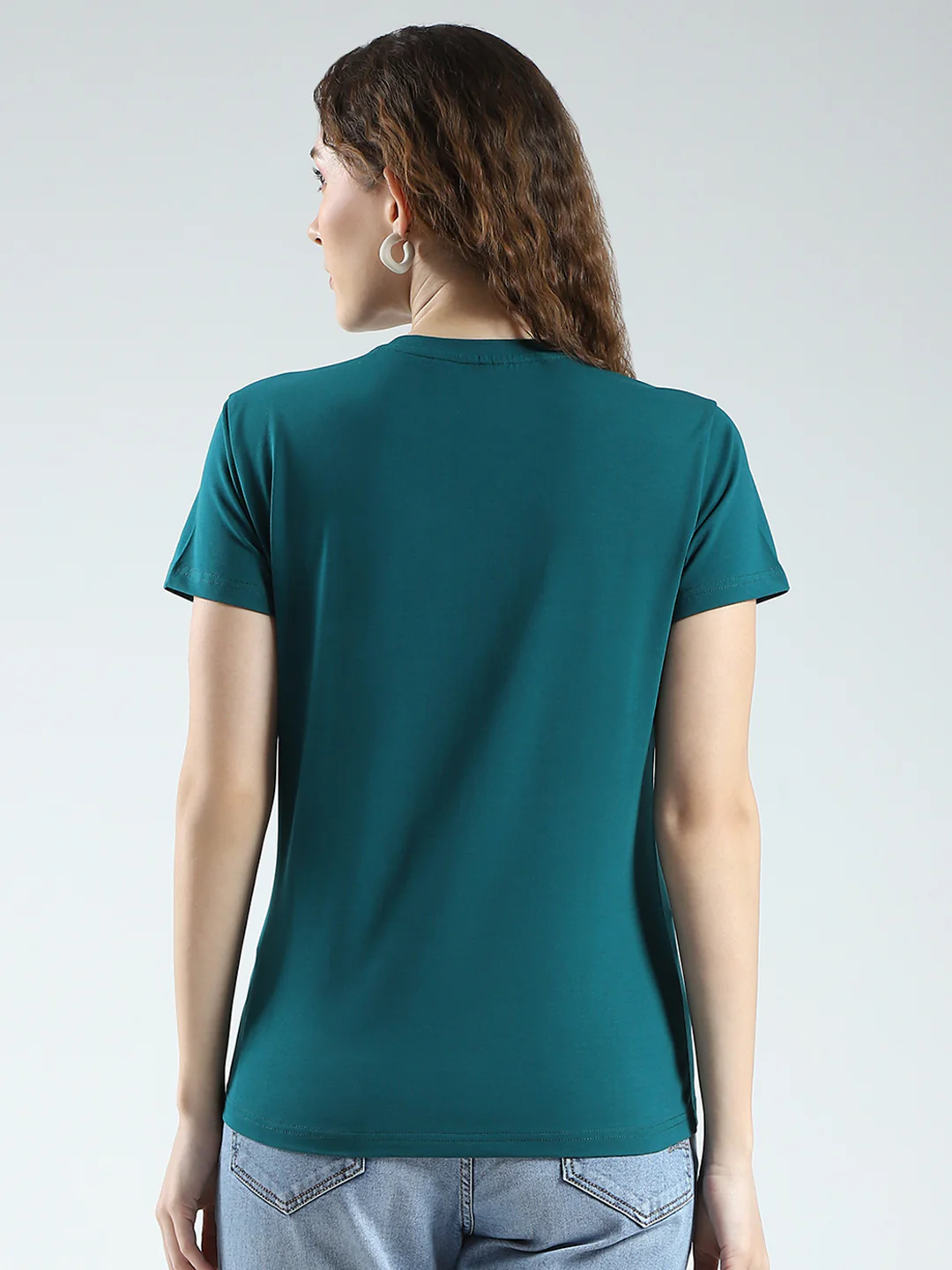 Women Teal Blue Printed Round Neck Half Sleeve Top - Image 5