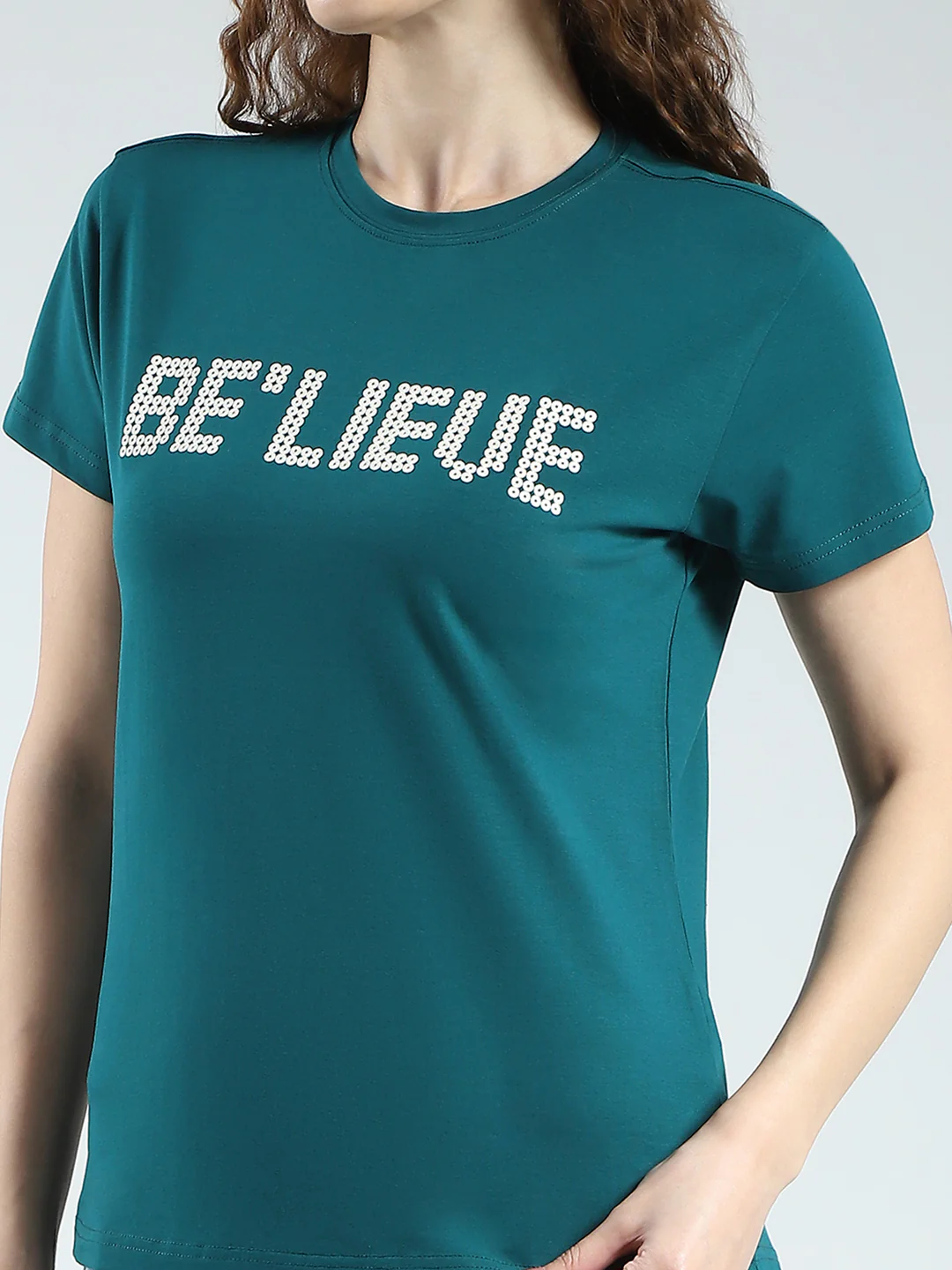 Women Teal Blue Printed Round Neck Half Sleeve Top - Image 6
