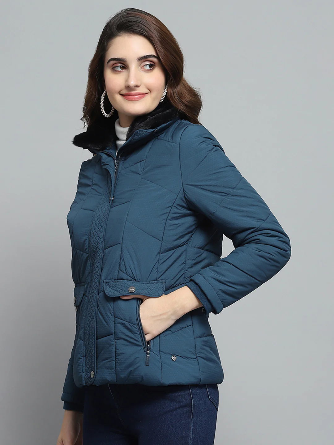 Women Teal Blue Self Design Collar Full Sleeve Jacket - Image 3