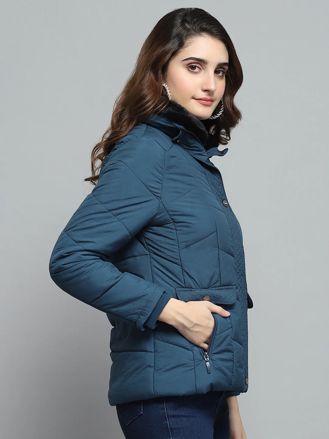 Women Teal Blue Self Design Collar Full Sleeve Jacket - Image 4