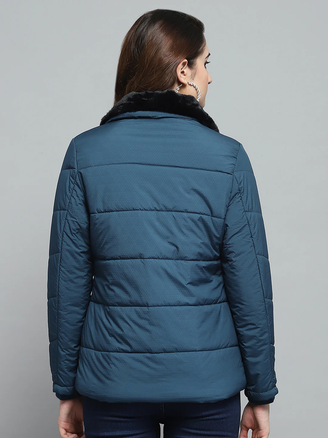 Women Teal Blue Self Design Collar Full Sleeve Jacket - Image 5
