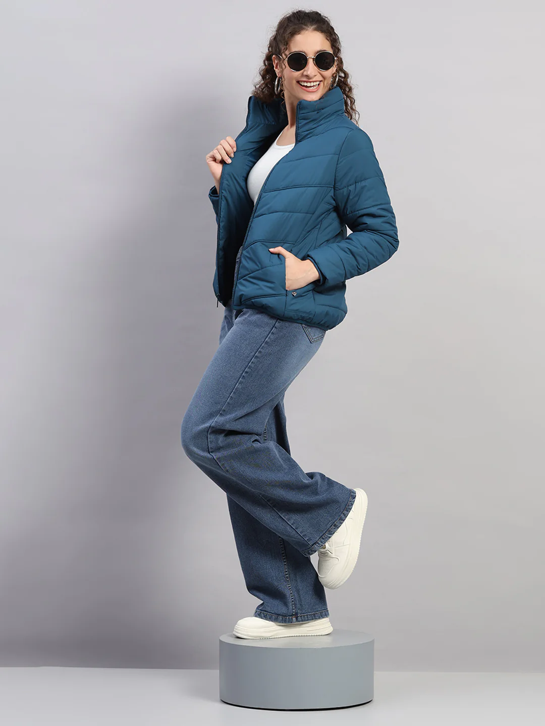 Women Teal Blue Self Design Collar Full Sleeve Jacket - Image 2
