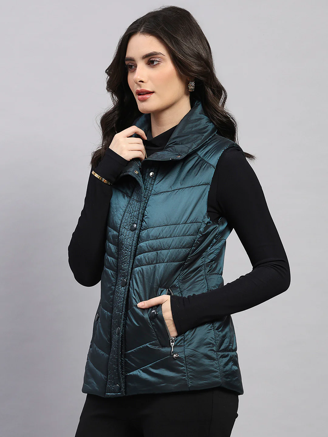 Women Teal Blue Self Design Collar Sleeveless Jacket - Image 3