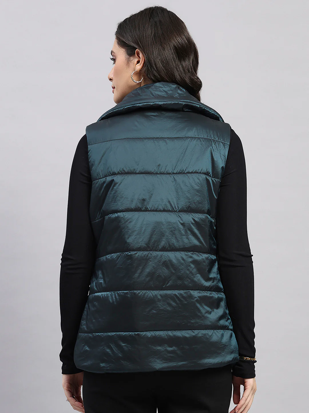 Women Teal Blue Self Design Collar Sleeveless Jacket - Image 5
