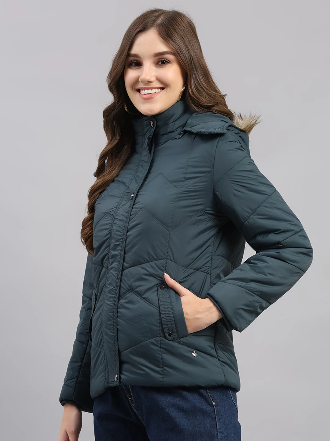 Women Teal Blue Self Design Hooded Full Sleeve Jacket - Image 3