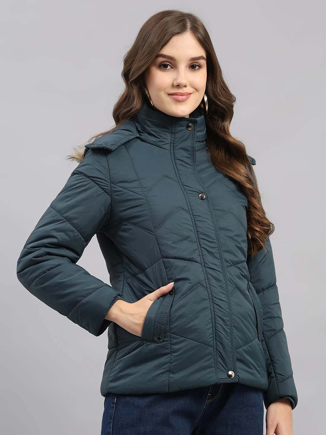 Women Teal Blue Self Design Hooded Full Sleeve Jacket - Image 4