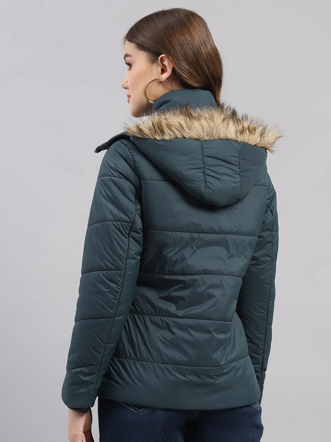 Women Teal Blue Self Design Hooded Full Sleeve Jacket - Image 5