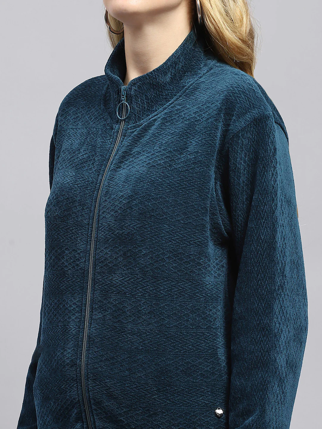 Women Teal Blue Self Design Mock Neck Full Sleeve Tracksuit - Image 6