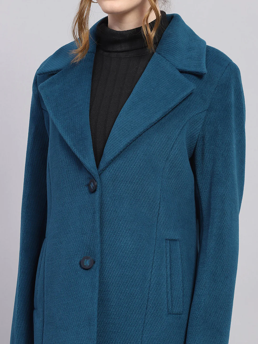 Women Teal Blue Self Design Notch lapel Collar Full Sleeve Coat - Image 6