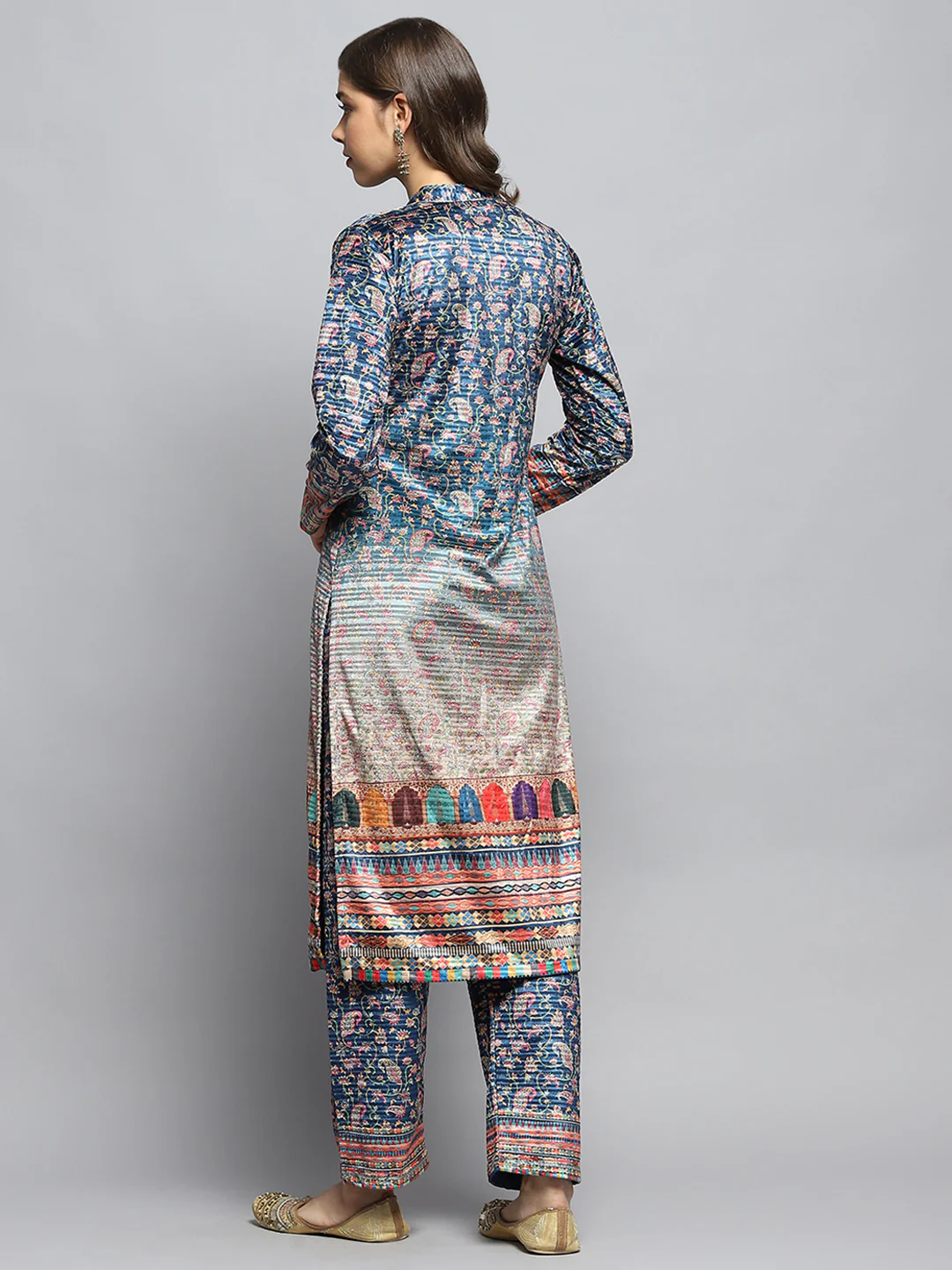 Women Teal Blue Self Design Round Neck Full Sleeve Kurti Set with Bag - Image 2