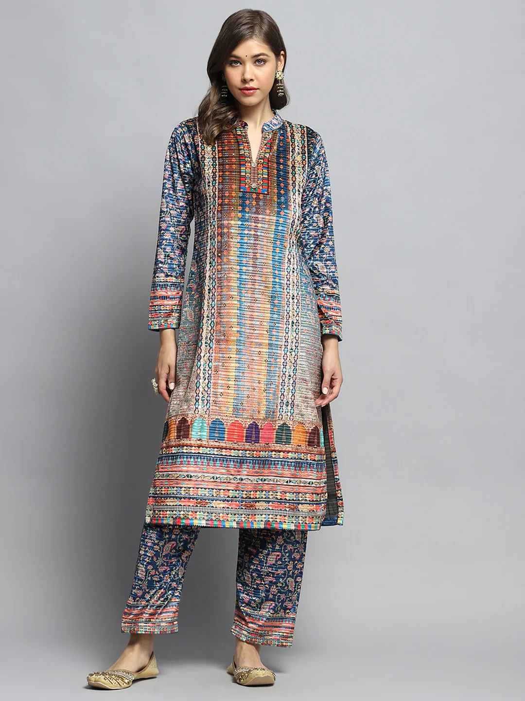 Women Teal Blue Self Design Round Neck Full Sleeve Kurti Set with Bag - Image 4