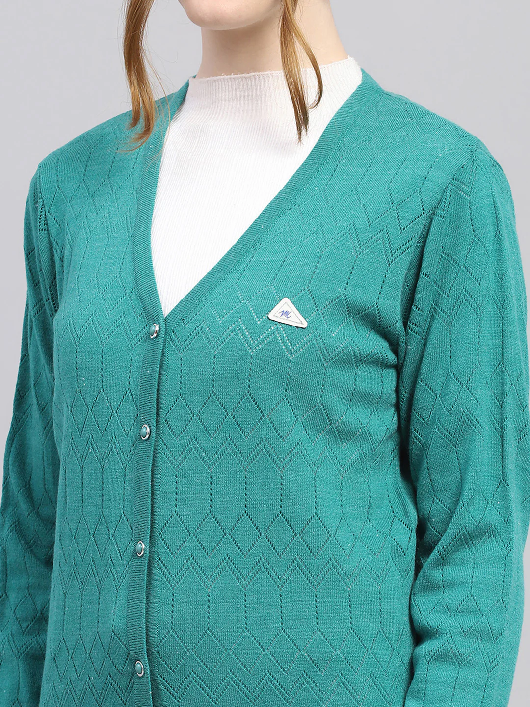 Women Teal Blue Self Design V Neck Full Sleeve Cardigan - Image 6