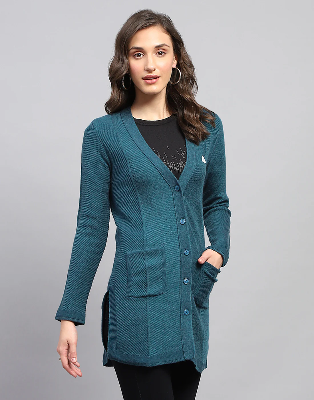 Women Teal Blue Self Design V Neck Full Sleeve Cardigan - Image 5