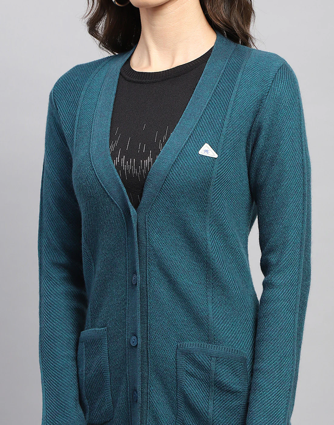 Women Teal Blue Self Design V Neck Full Sleeve Cardigan - Image 7