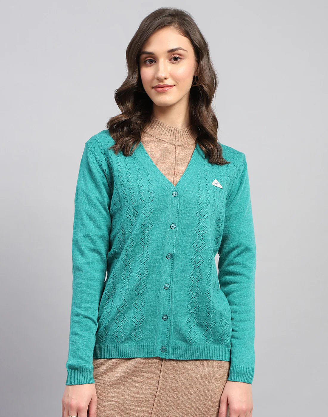 Women Teal Blue Self Design V Neck Full Sleeve Cardigan - Image 3