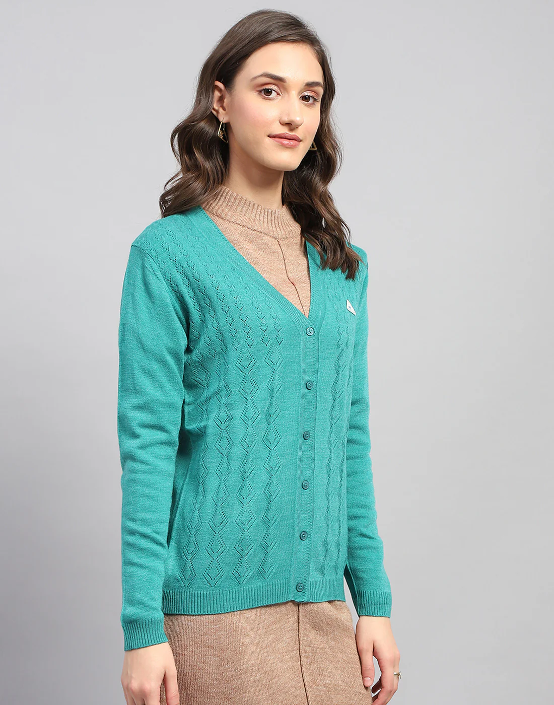 Women Teal Blue Self Design V Neck Full Sleeve Cardigan - Image 5