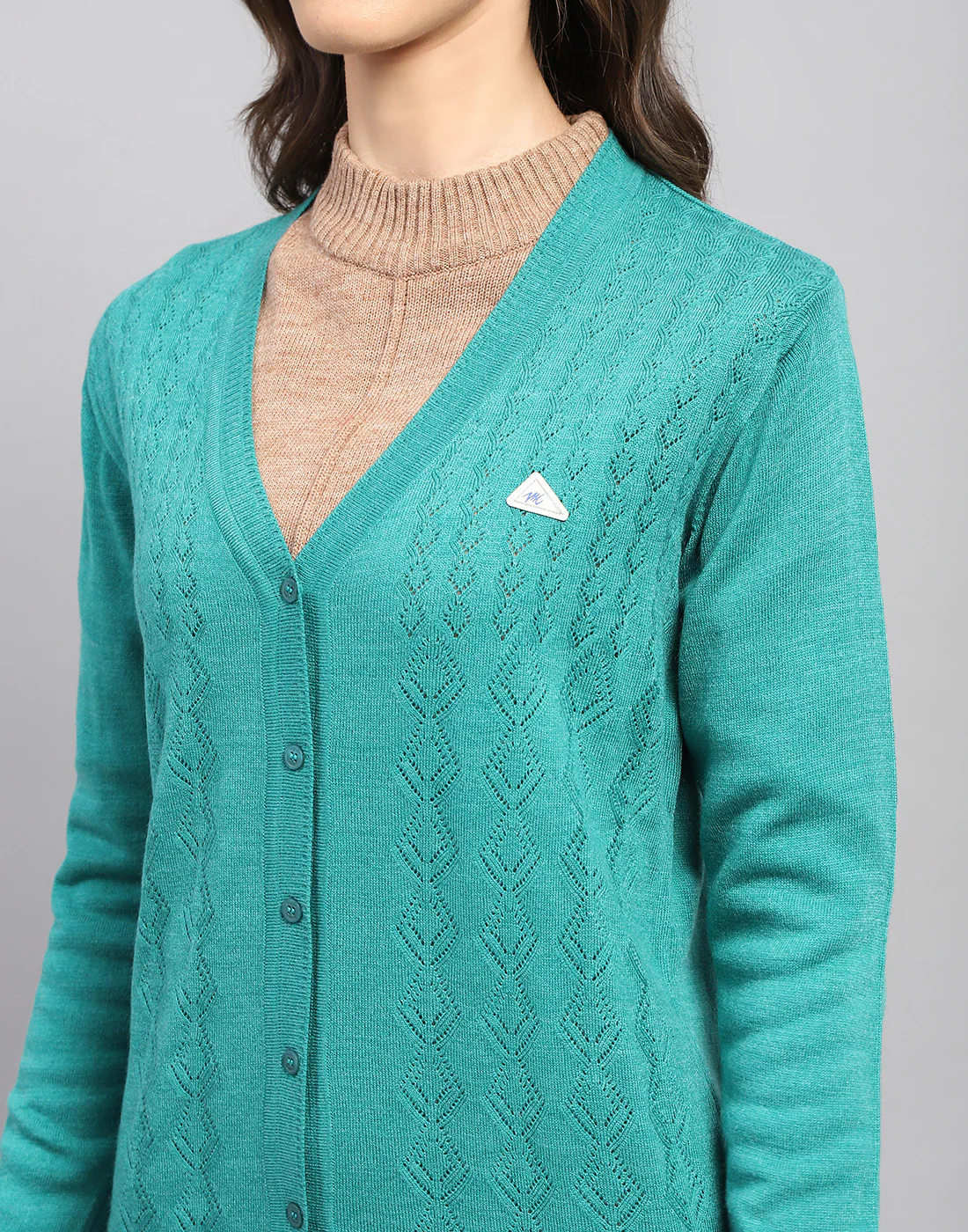 Women Teal Blue Self Design V Neck Full Sleeve Cardigan - Image 7
