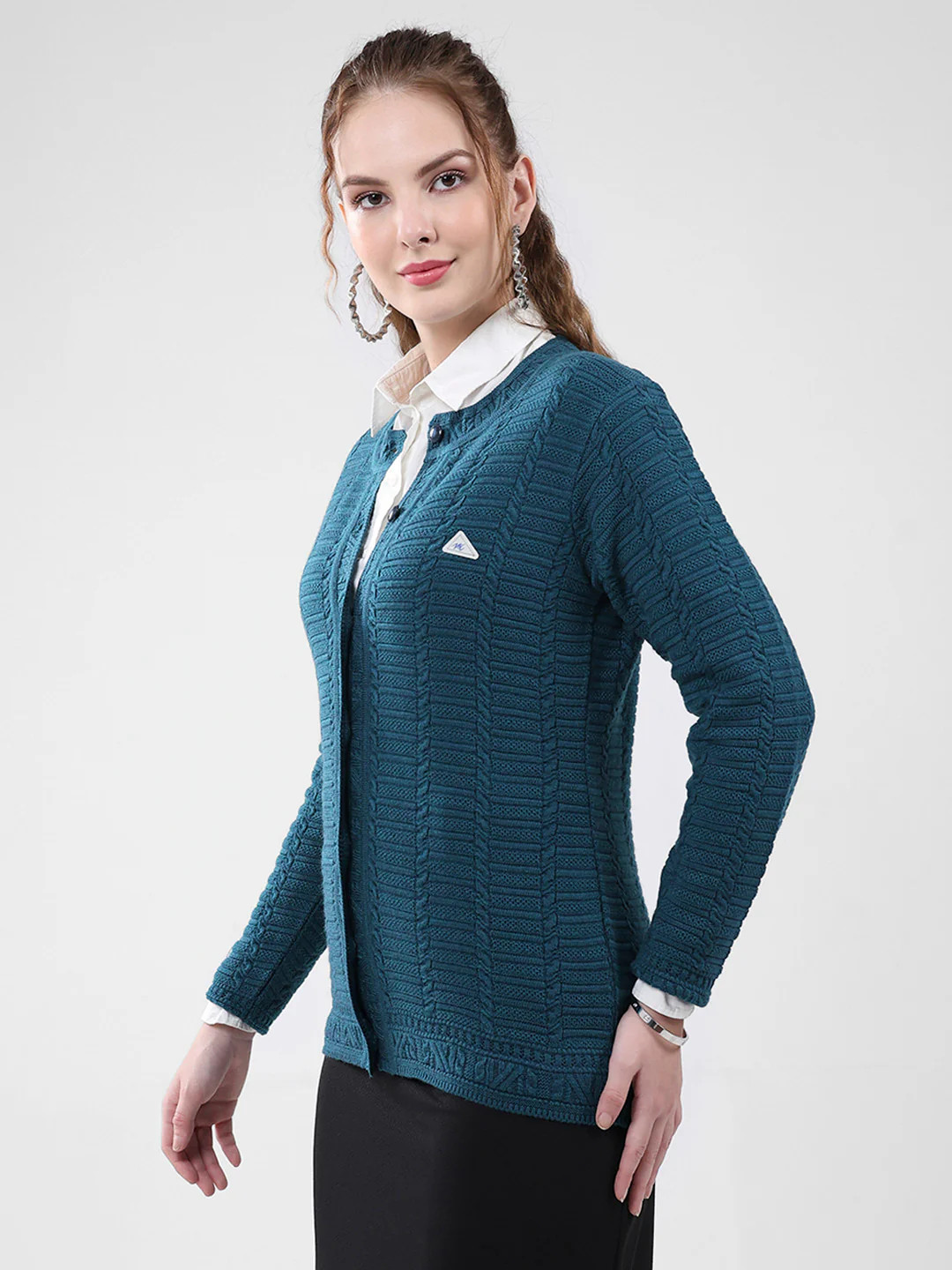 Women Teal Blue Self Design Round Neck Full Sleeve Cardigan - Image 3