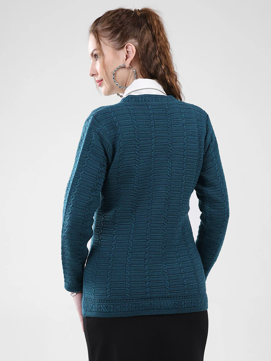 Women Teal Blue Self Design Round Neck Full Sleeve Cardigan - Image 5