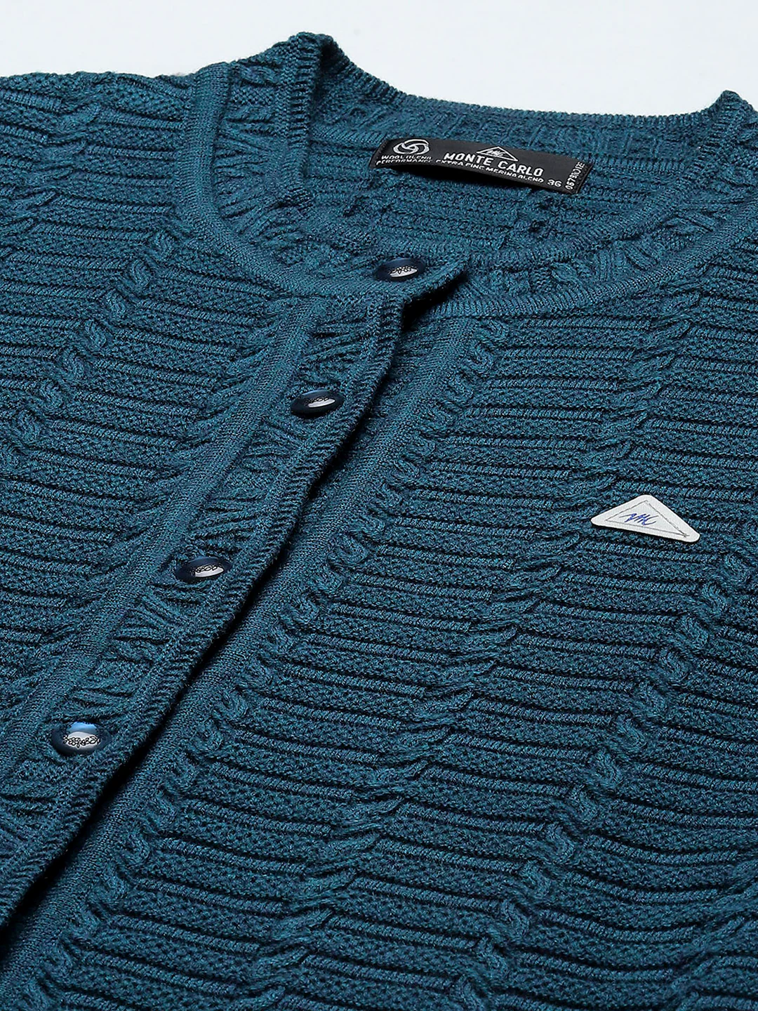 Women Teal Blue Self Design Round Neck Full Sleeve Cardigan - Image 7