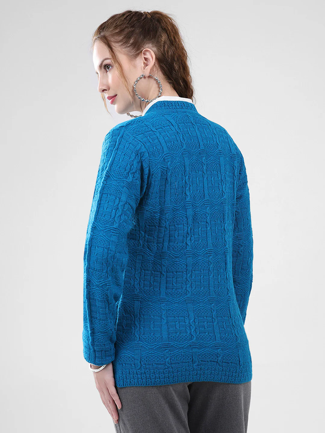 Women Teal Blue Self Design V Neck Full Sleeve Cardigan - Image 5