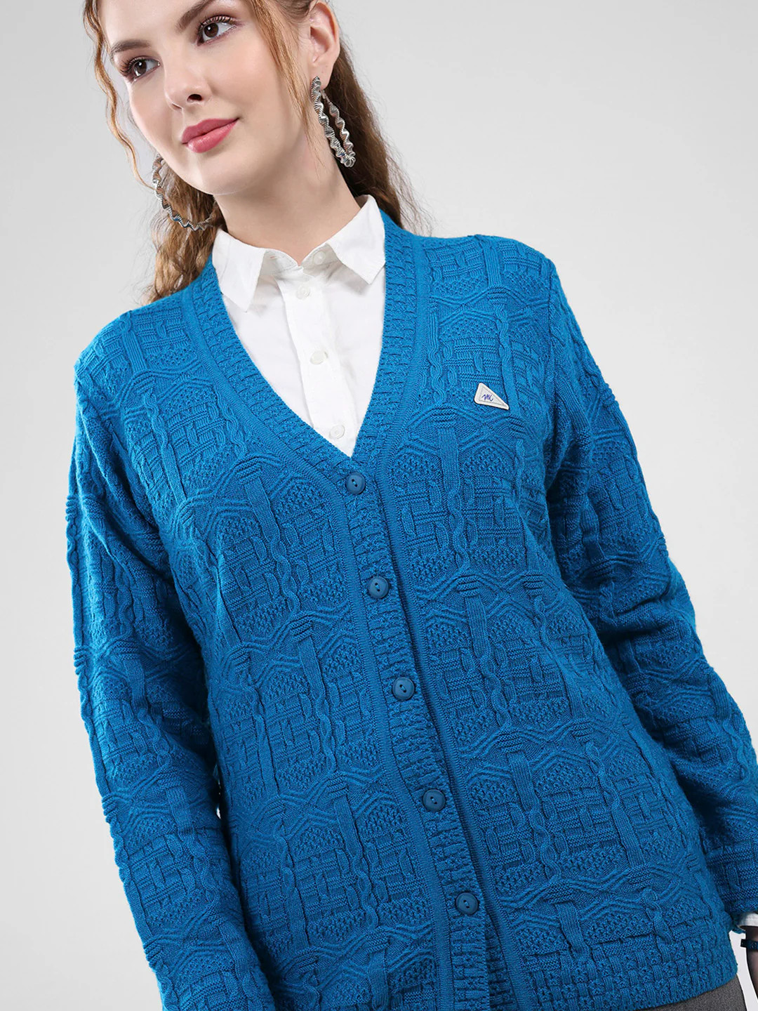 Women Teal Blue Self Design V Neck Full Sleeve Cardigan - Image 6