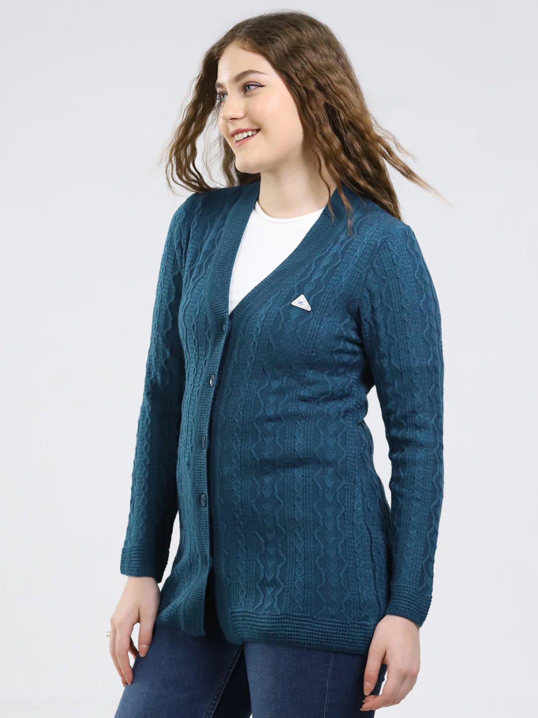 Women Teal Blue Self Design V Neck Full Sleeve Cardigan - Image 3