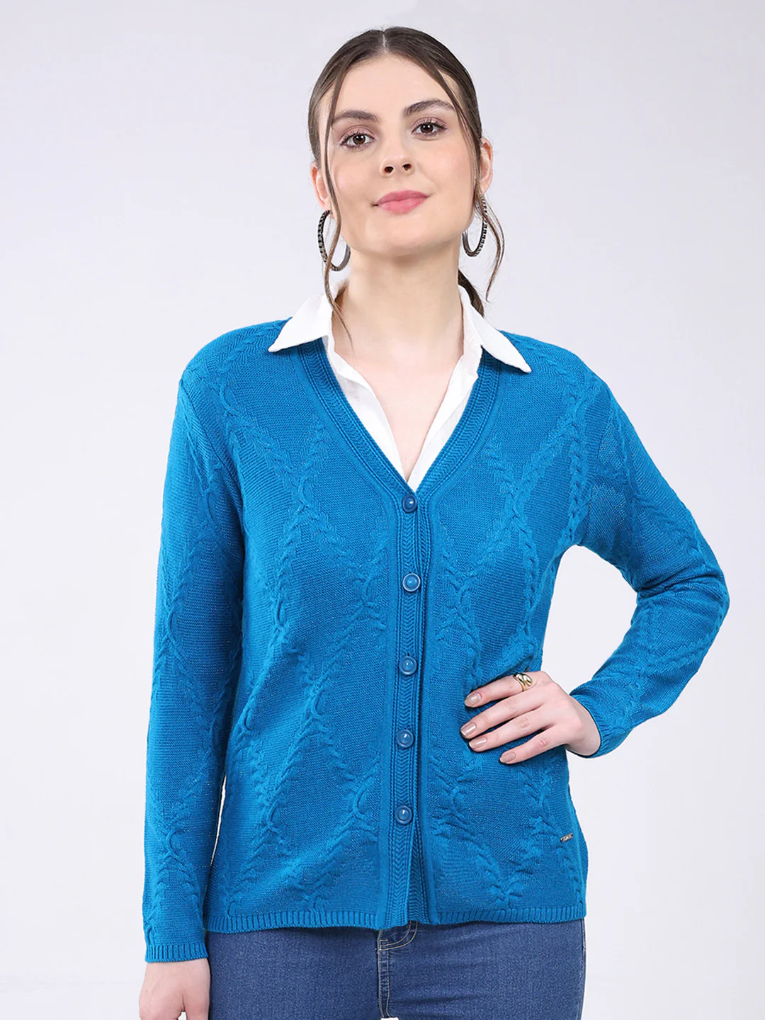 Women Teal Blue Self Design V Neck Full Sleeve Cardigan