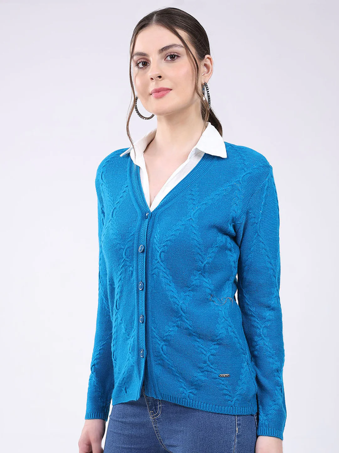 Women Teal Blue Self Design V Neck Full Sleeve Cardigan - Image 3