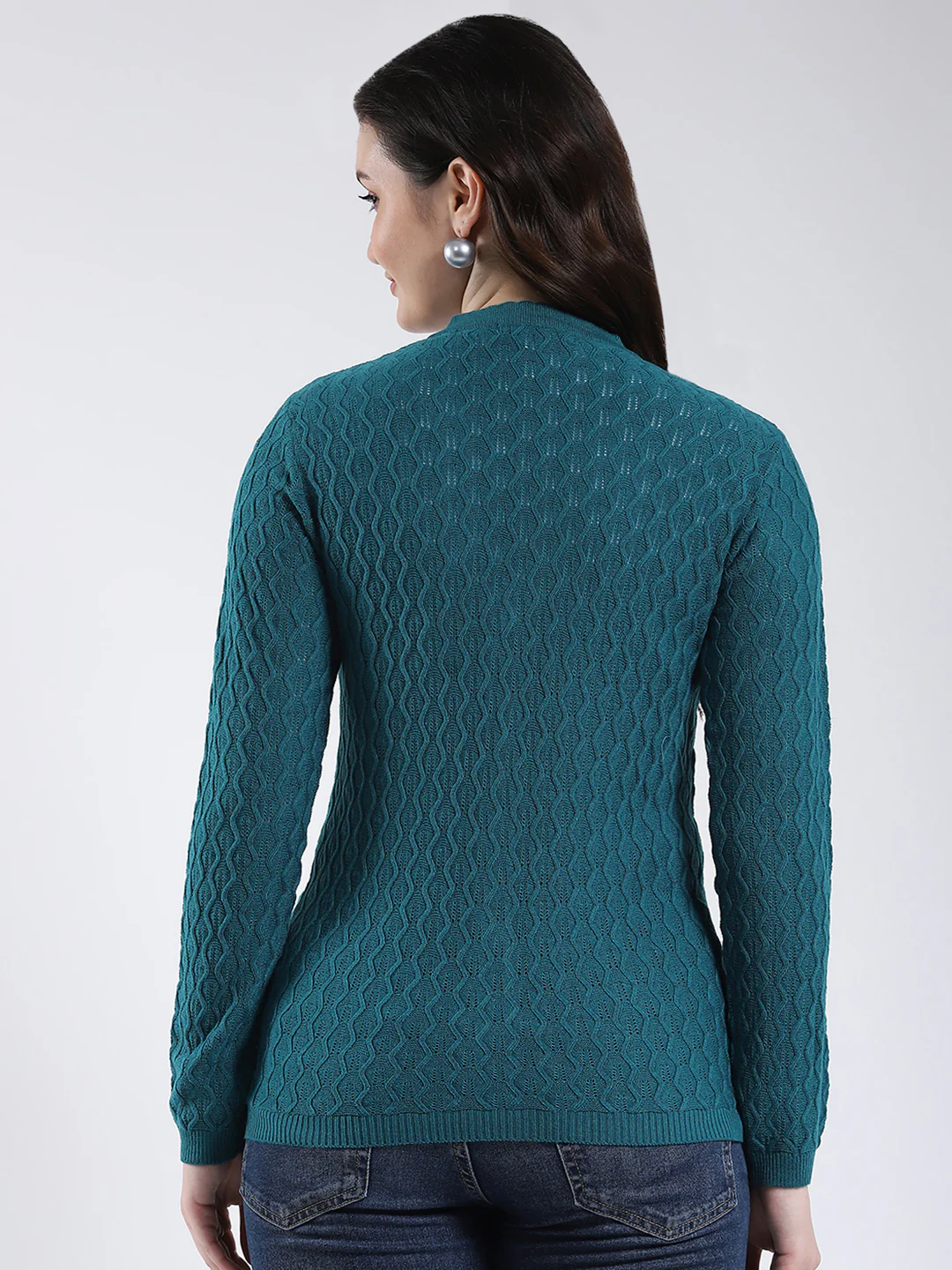 Women Teal Blue Self Design V Neck Full Sleeve Cardigan - Image 5