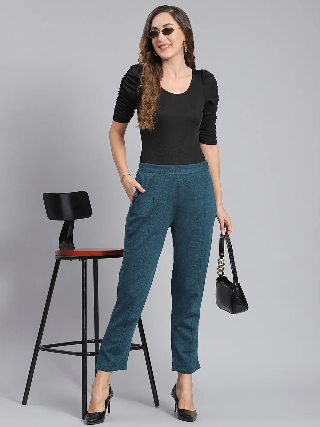 Women Teal Blue Self Design Regular Fit Winter Lowers - Image 2
