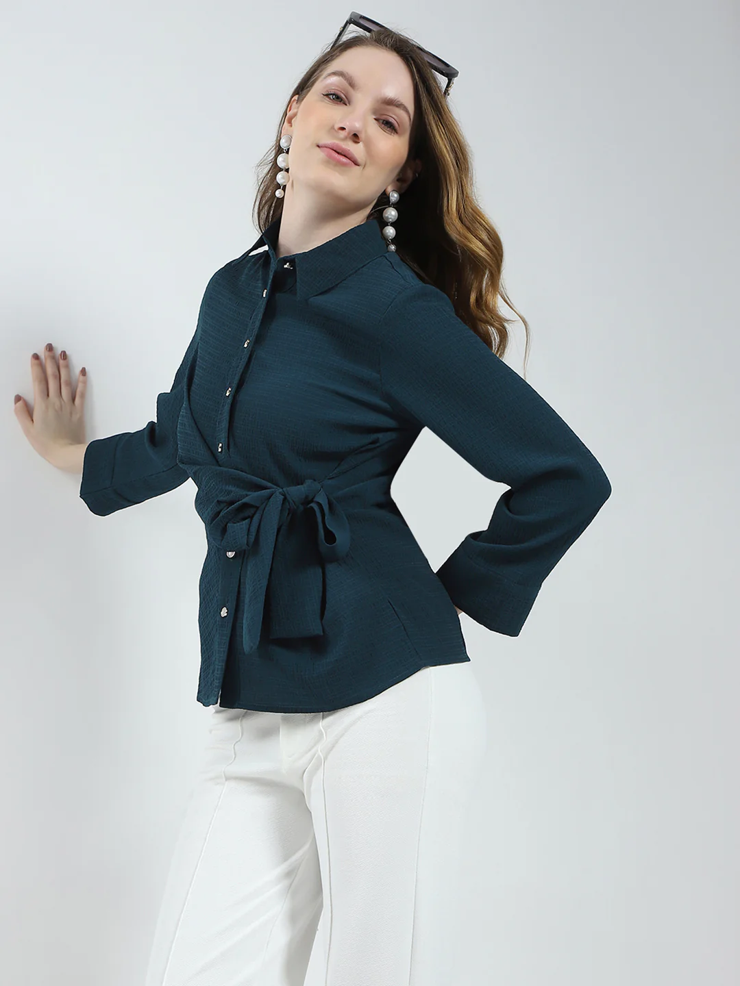 Women Teal Blue Solid Collar 3/4th Sleeve Top - Image 6