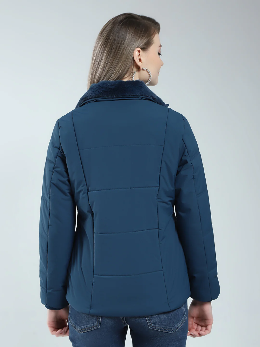 Women Teal Blue Solid Collar Full Sleeve Jacket - Image 5