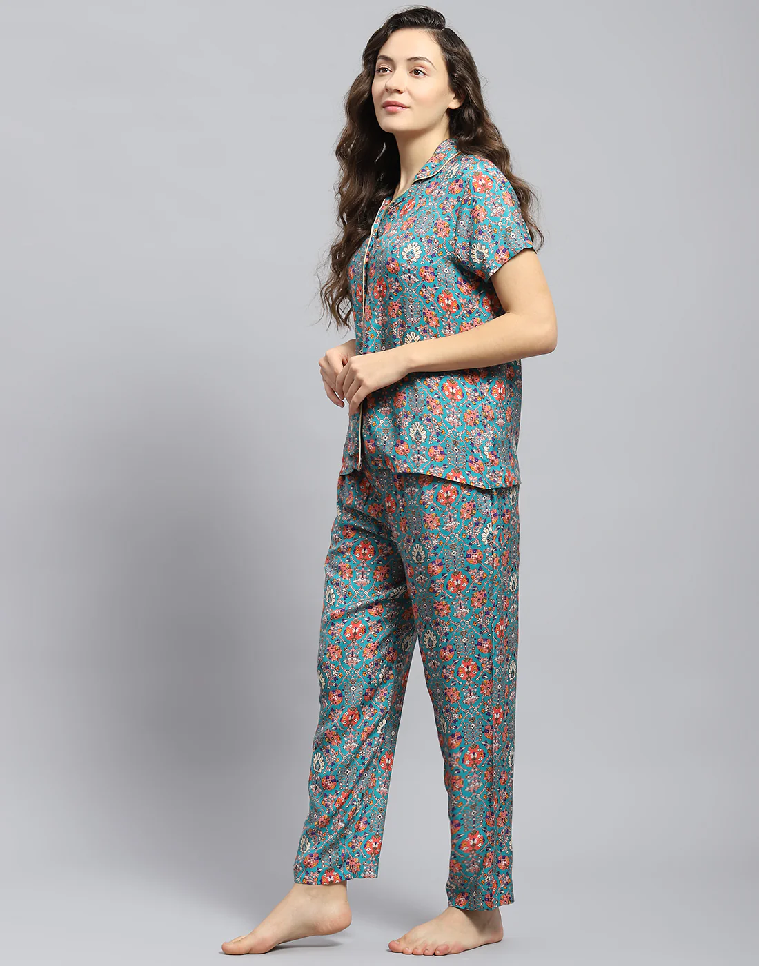 Women Teal Blue Solid Collar Half Sleeve Lower Set - Image 3