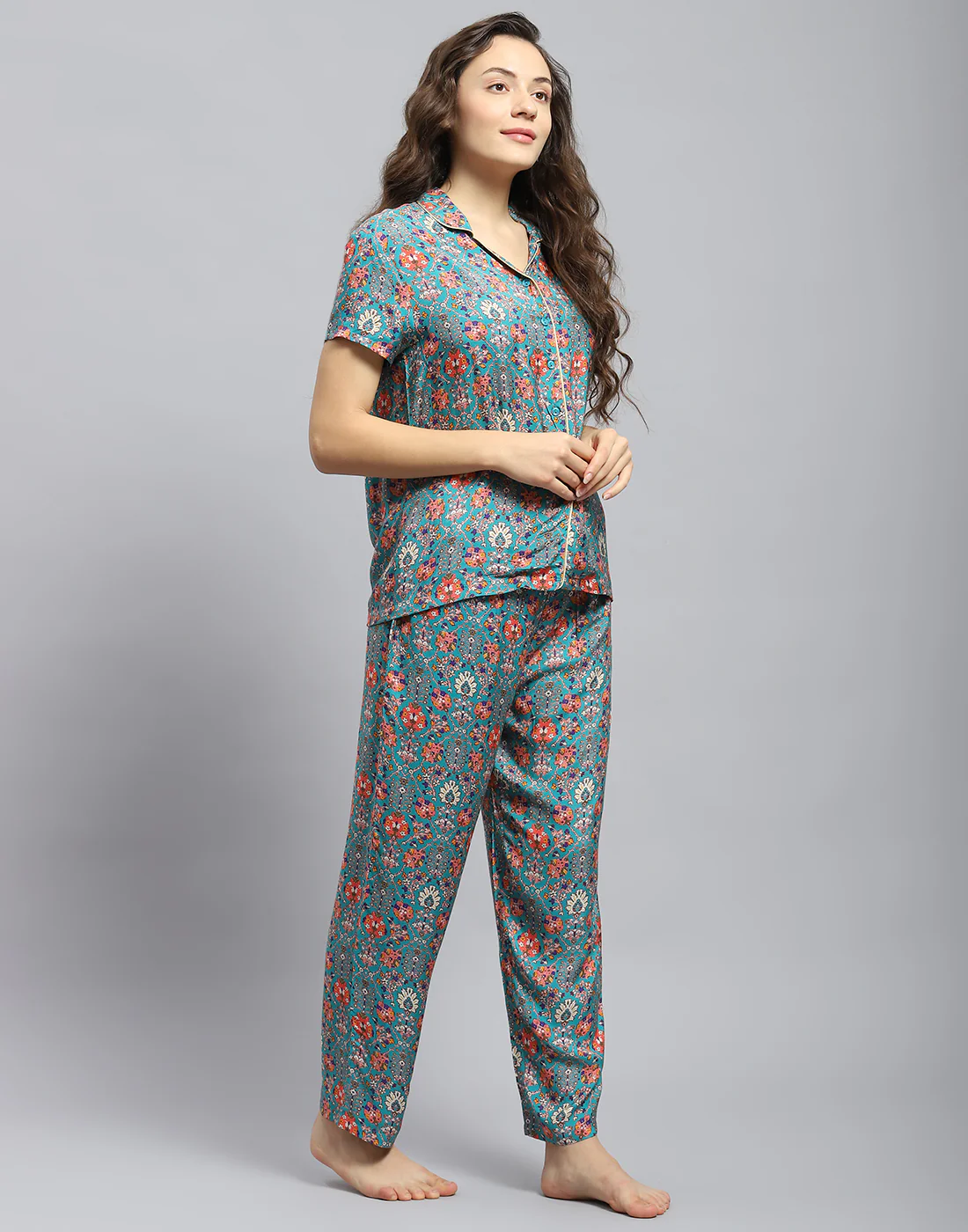 Women Teal Blue Solid Collar Half Sleeve Lower Set - Image 4