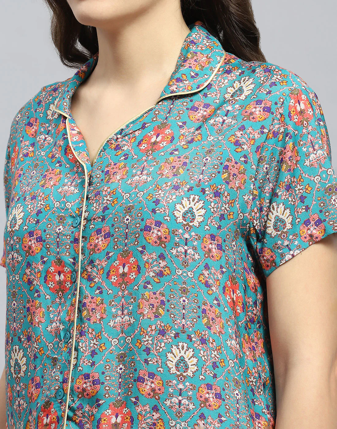 Women Teal Blue Solid Collar Half Sleeve Lower Set - Image 6